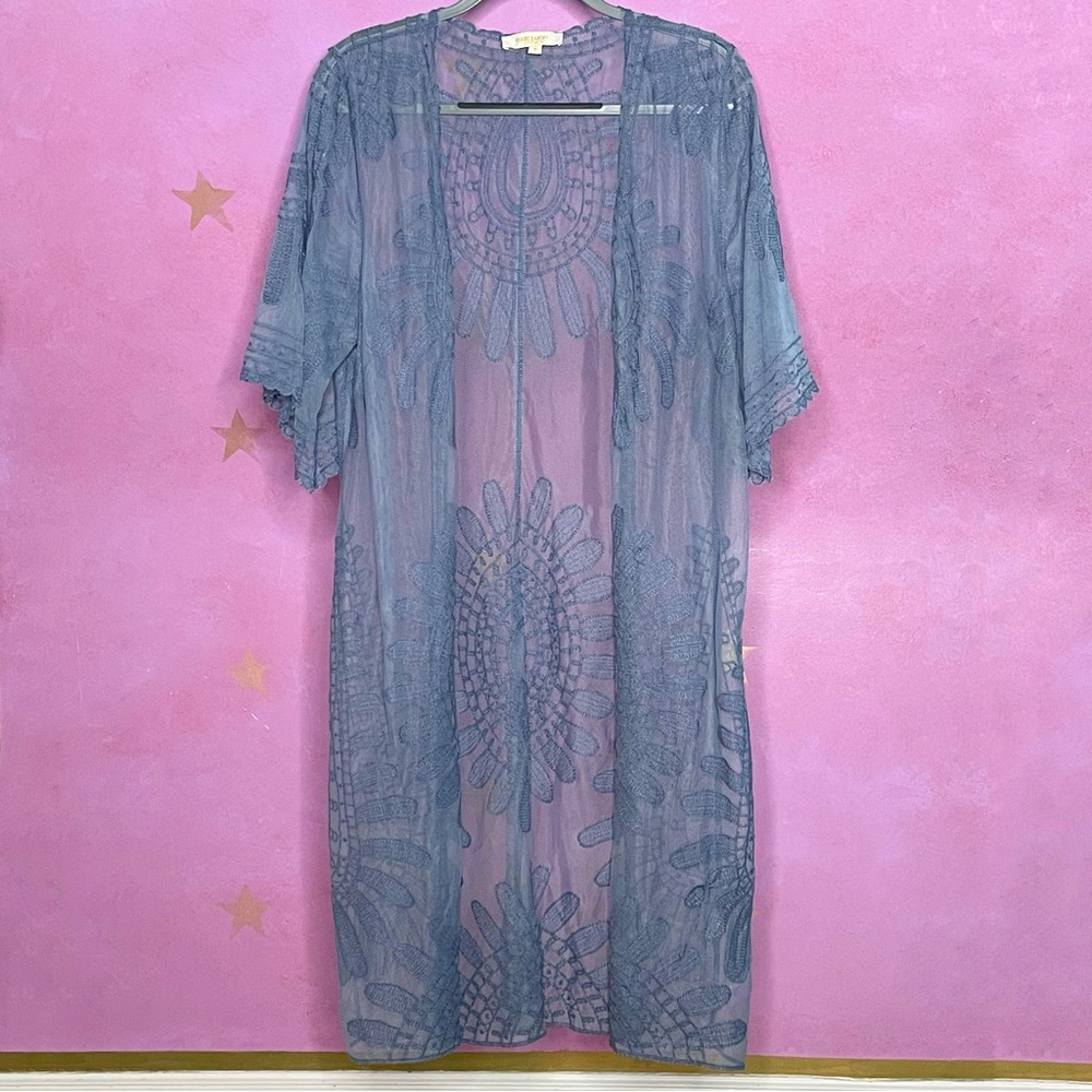 Rebellion Again Duster Cardigan Medium Blue Lace Floral Prairie Cottage Boho Med